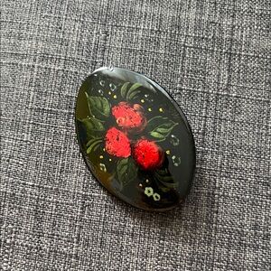 Vintage hand-painted red roses wood black lacquer Russian brooch.